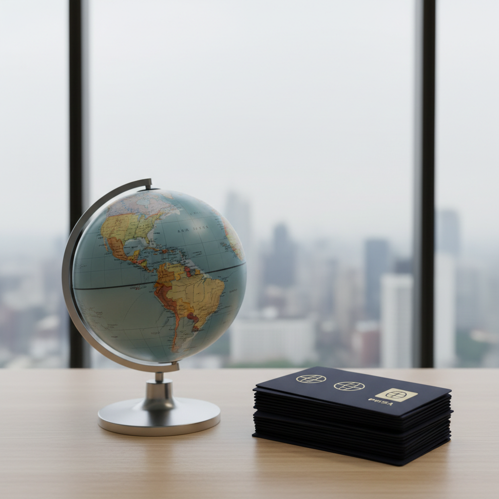 A highly detailed globe rendered in muted blues and soft earth tones, with clearly defined country borders and subtle topographic texture, standing on a brushed aluminum base. The globe sits on a pale oak desk beside a neatly arranged stack of slim, dark navy travel documents labeled with small visa icons. Behind, a large frameless glass window reveals an abstract blur of a city skyline. Soft overcast daylight gently washes through the glass, creating delicate reflections on the globe’s glossy surface. Captured from a slightly elevated angle using rule-of-thirds composition, the foreground in crisp focus and background softly out of focus. The mood is analytical yet welcoming, communicating global reach and precise visa guidance through photographic realism and a professional, minimalist style.