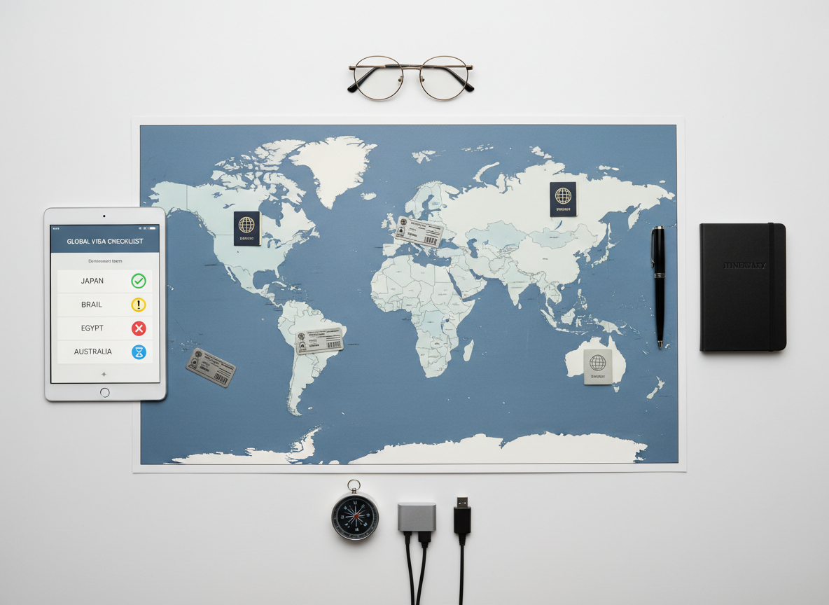 An overhead view of a meticulously organized travel planning workspace featuring a large, flat world map in cool neutral colors spread across a matte white table. On top of the map, small metallic markers shaped like visas and passports indicate key transit hubs and visa-required regions. A slim tablet lies to one side, its screen showing a clean visa checklist interface with colored status indicators. Soft studio lighting from above creates even illumination with minimal shadows, emphasizing clarity and legibility. The composition is symmetrical with the map centered and devices aligned neatly around it, shot in photographic realism with sharp focus throughout. The atmosphere feels methodical, precise, and trustworthy, ideal for conveying step-by-step visa and transit requirement checking for international travel.