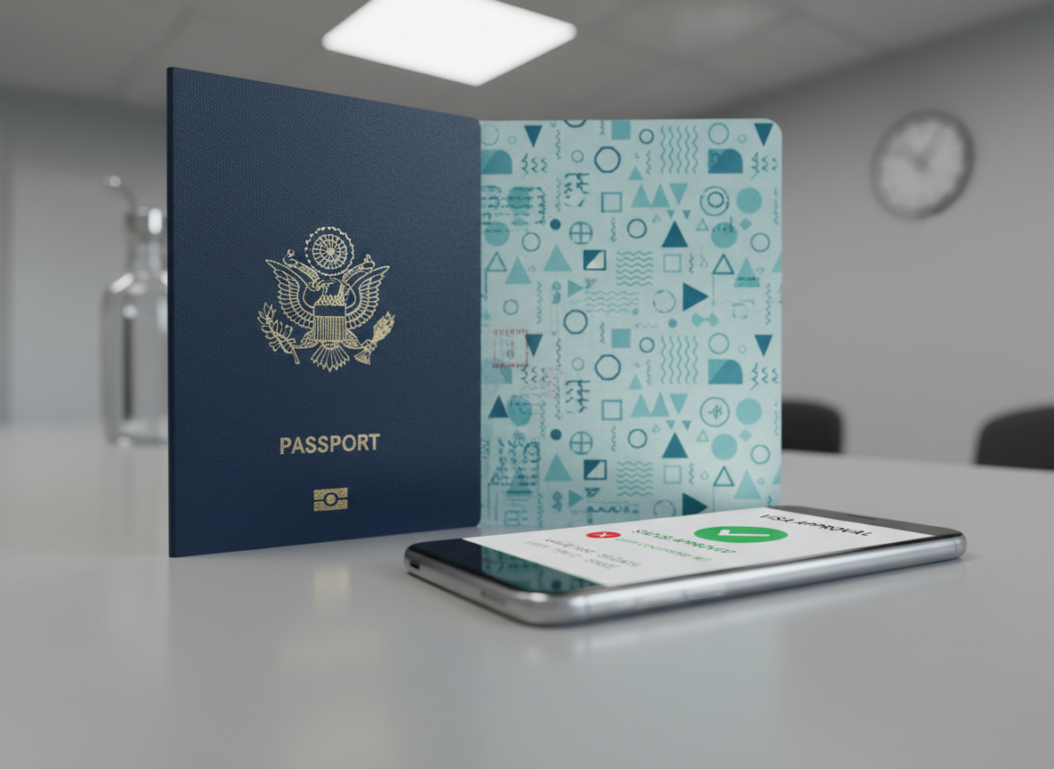 A close-up of a dark blue biometric passport resting half-open on a smooth light gray desk, revealing an abstract, non-legible visa page filled with geometric entry stamps in soft blues and teals. Next to it lies a slim silver smartphone displaying a simplified visa approval screen with clear green and red status icons. Cool white desk lighting from an overhead panel creates gentle, controlled shadows under the passport’s edges and a faint reflection on the phone’s glass. Shot at a low angle with a shallow depth of field, the passport and phone sharply in focus while the distant background fades into a soft blur. The mood is professional and reassuring, with clean photographic realism emphasizing digital convenience for visa checks and transit rules.